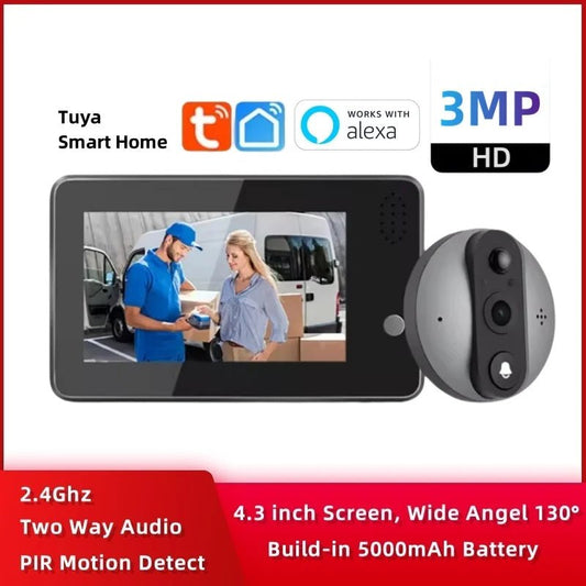 Tuya Smart Home Wireless Wifi Video Doorbell 4.3inch HD 3MP Ring Bell Security - protection Peephole Door Intercom with Camera - PsalmLocks